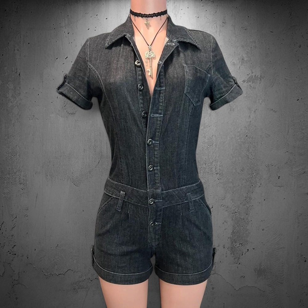 Vtg 90s Y2K Equus Brazil Button Up Denim Romper 25 XS Black Jumpsuit Grunge